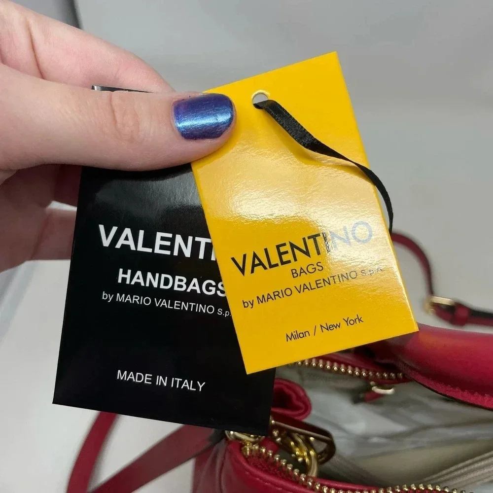Mario Valentino Ally Leather Embossed Satchel Crossbody Bag Lipstick‎ Red